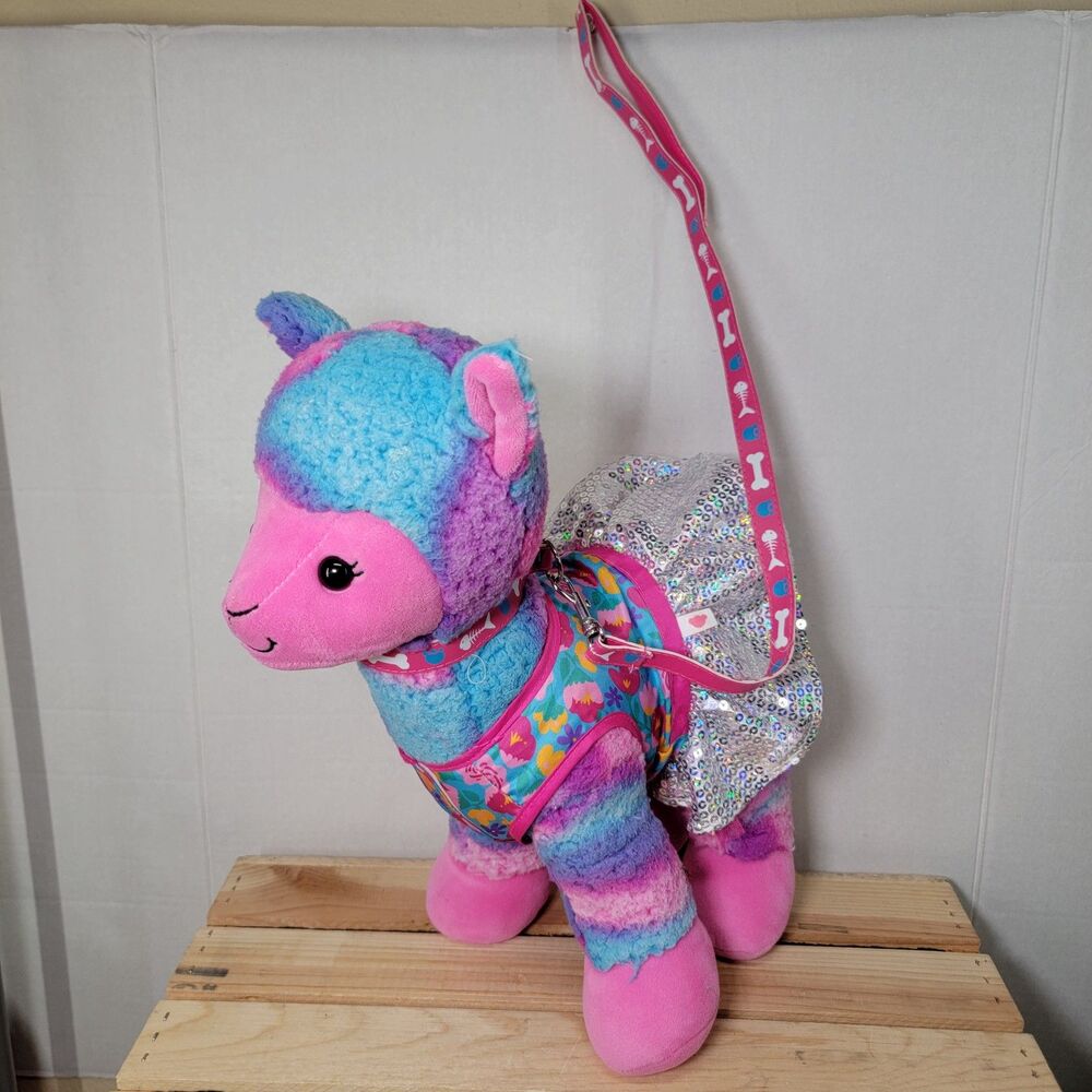 BAB 15" Build A Bear Cotton Candy Swirl Llama in Sequin Tutu w/ Leash
